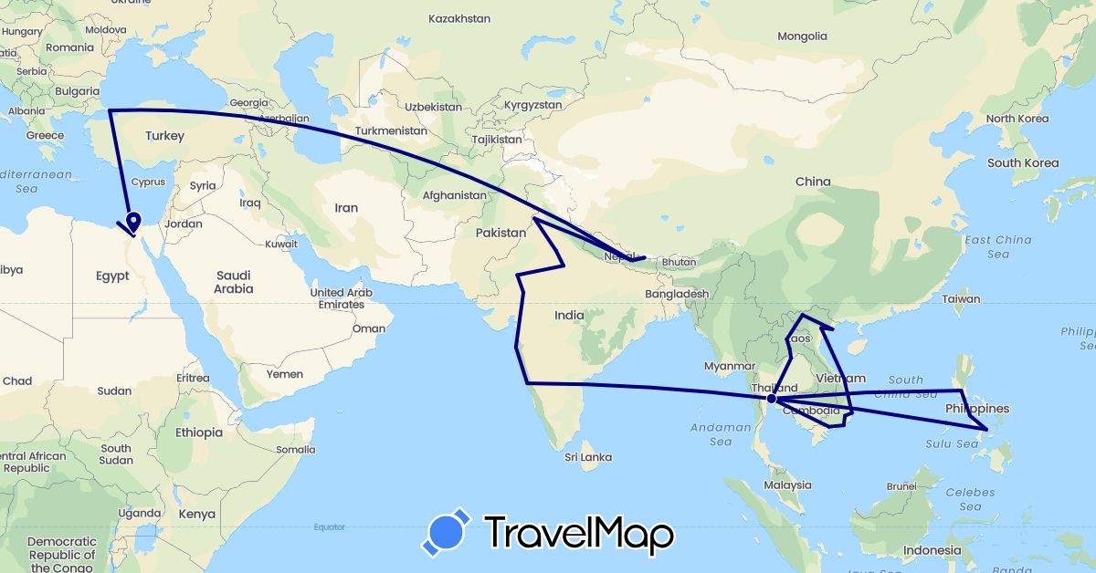 TravelMap itinerary: driving in Egypt, India, Laos, Nepal, Philippines, Thailand, Turkey, Vietnam (Africa, Asia)